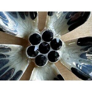 Silver-Tone Flower Pendant With Black Rhinestone Accents & Enamel Petals